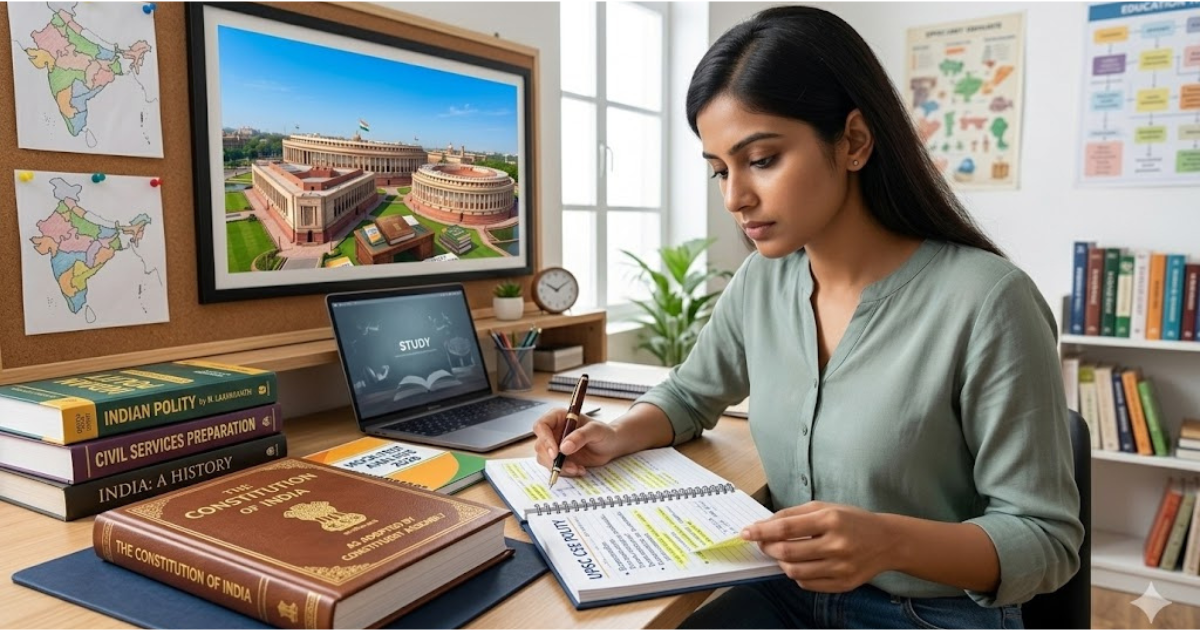 UPSC polity exam preparation study desk