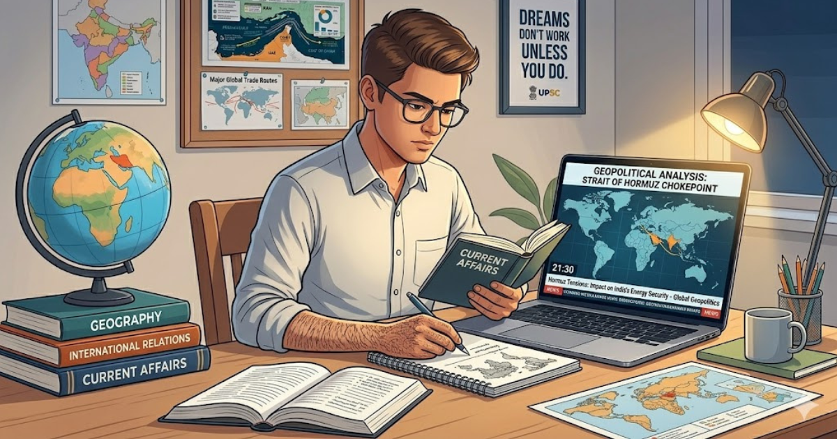 UPSC aspirant boy studying geopolitics and world map for civil services preparation