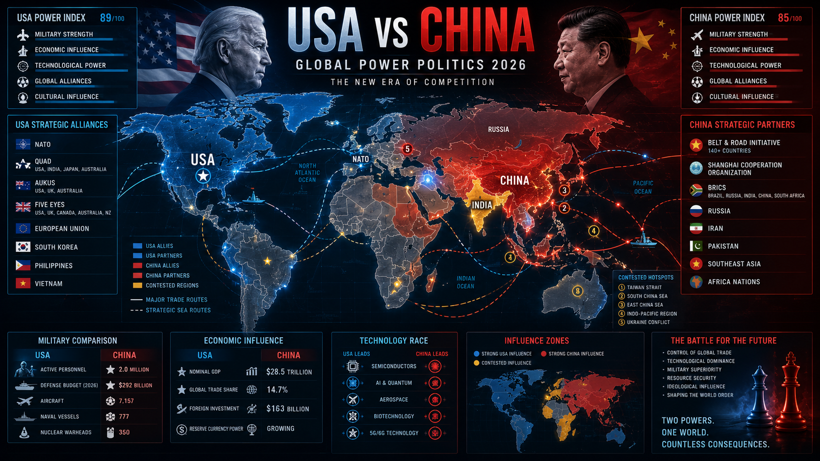 global power politics infographic showing USA vs China