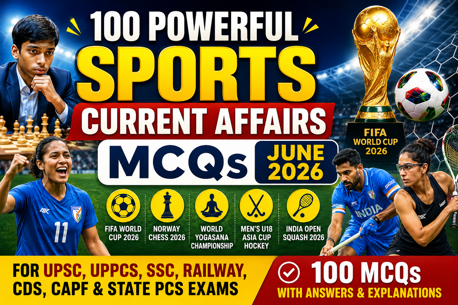 100 Powerful Sports Current Affairs MCQs June 2026 for UPSC, UPPCS & SSC Exams