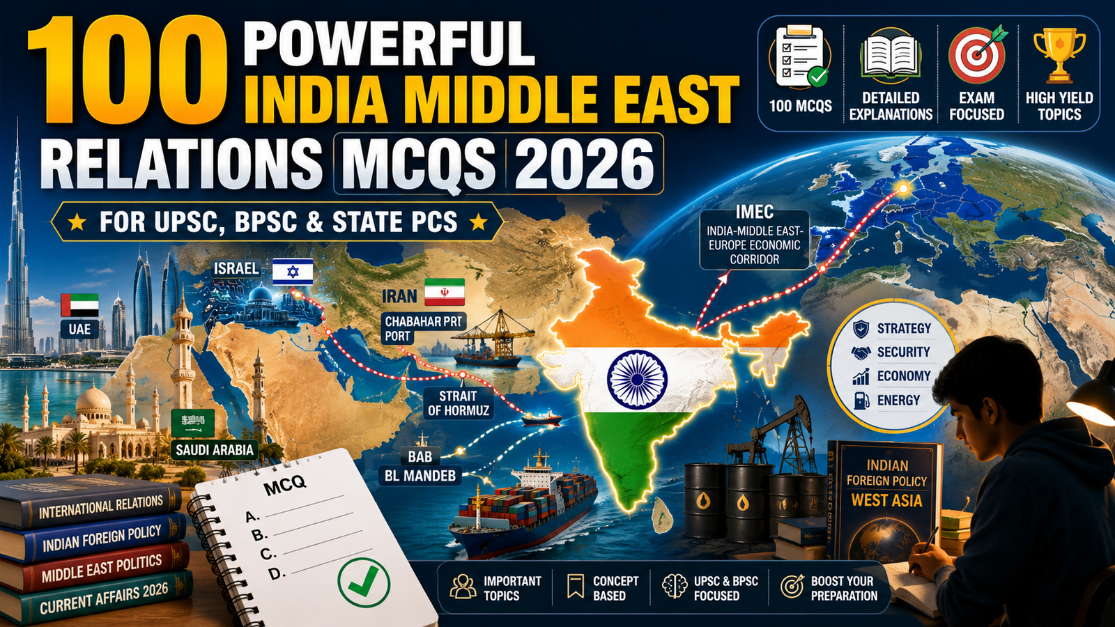 100 Powerful India Middle East Relations MCQs 2026 for UPSC, BPSC & State PCS